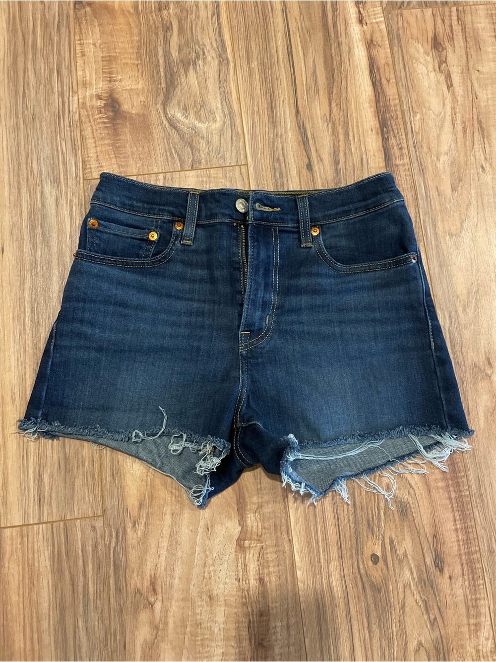 Levi’s Frayed Hem Dark Blue Denim Jean Shorts